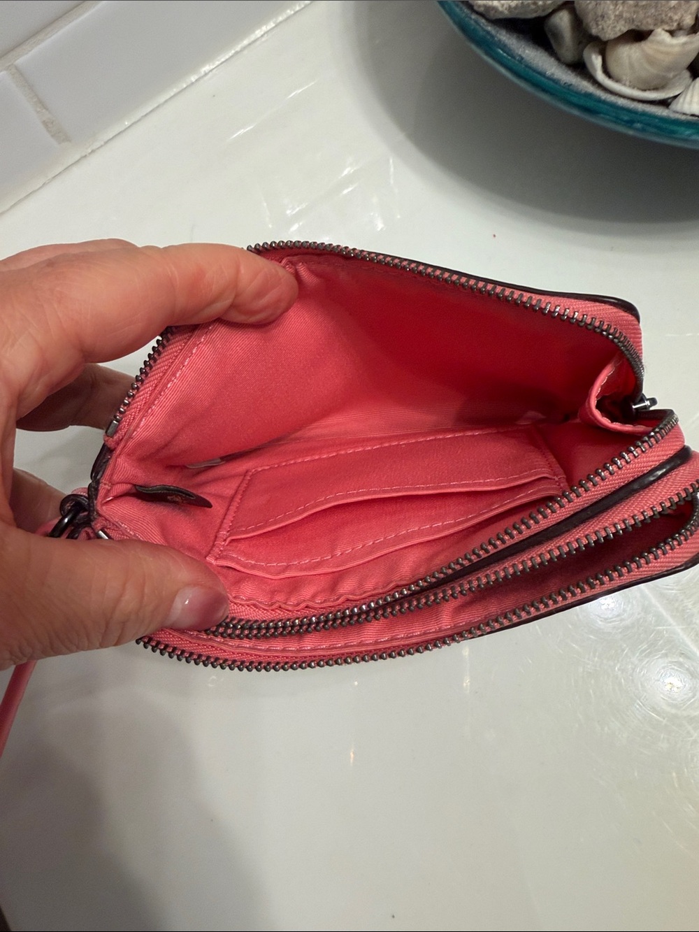 Coach Brown Signature Double Zip Wristlet with Pink Strap - Picture 8 of 10